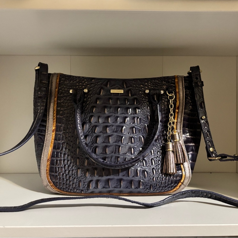 Brahmin Medium Asher- Dark Purple & Tan Croc-Embossed Handbag/ Shoulder Bag